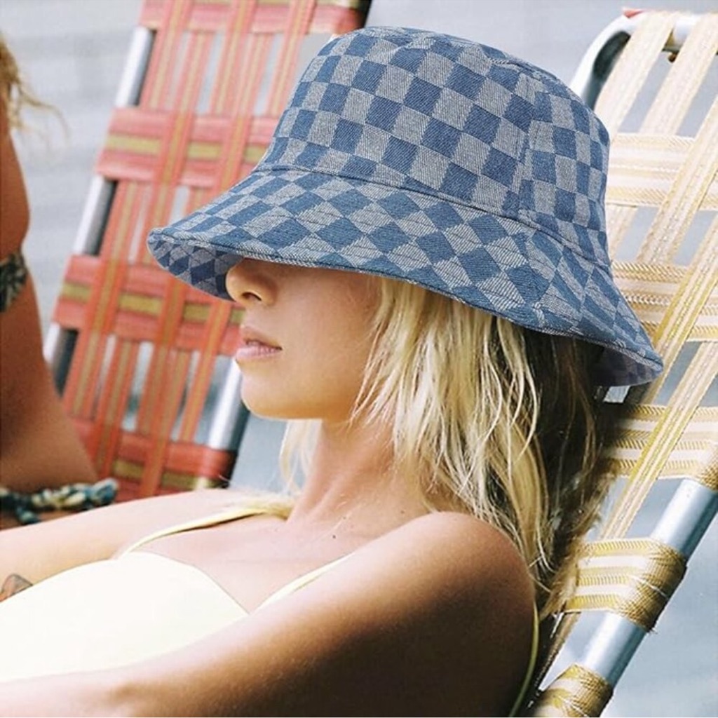 Blue Checkered Pattern Denim Bucket Hat Os New